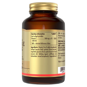 Nutrition information on a Solgar Vitamin E supplement bottle