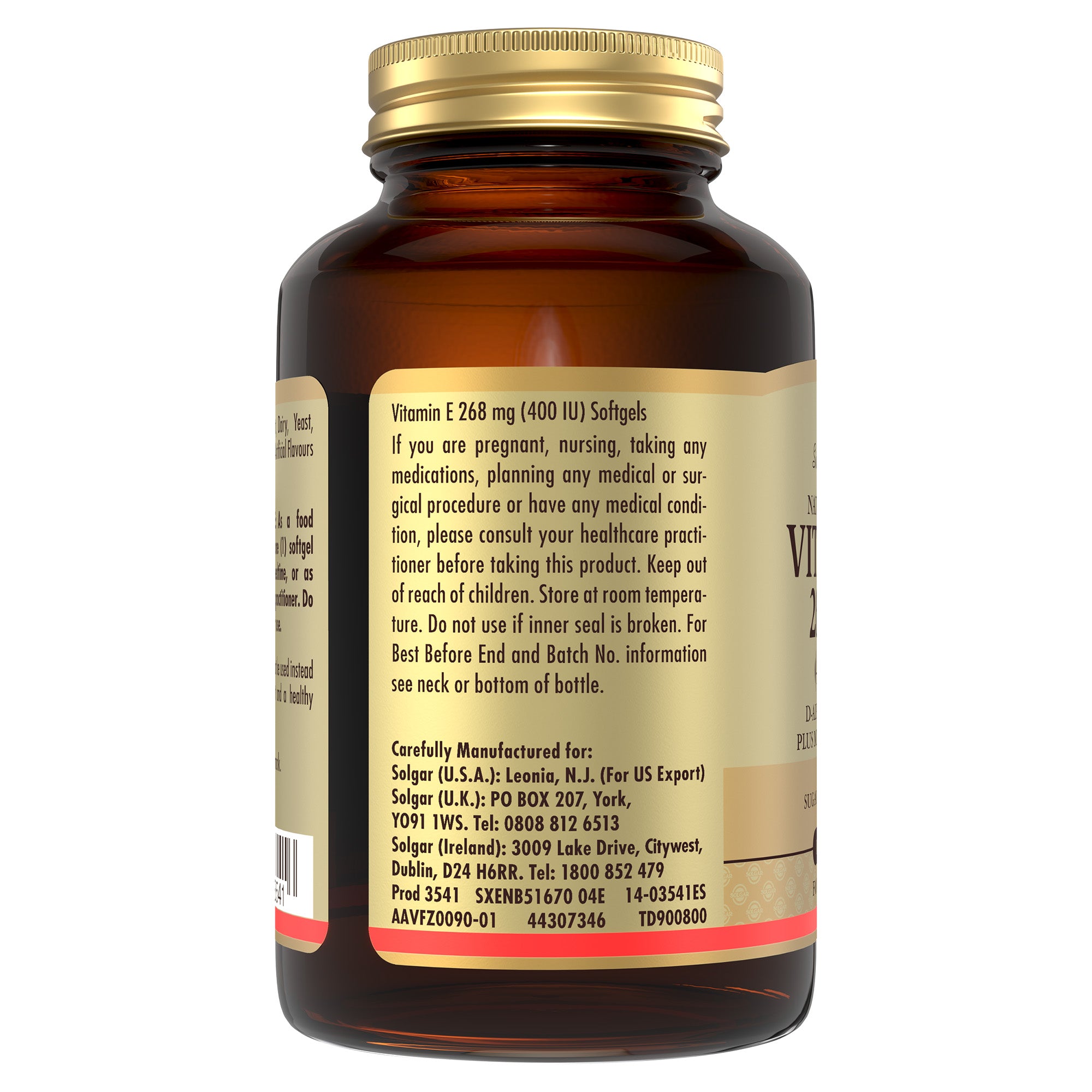 Side view of a Solgar Vitamin E supplement glass bottle
