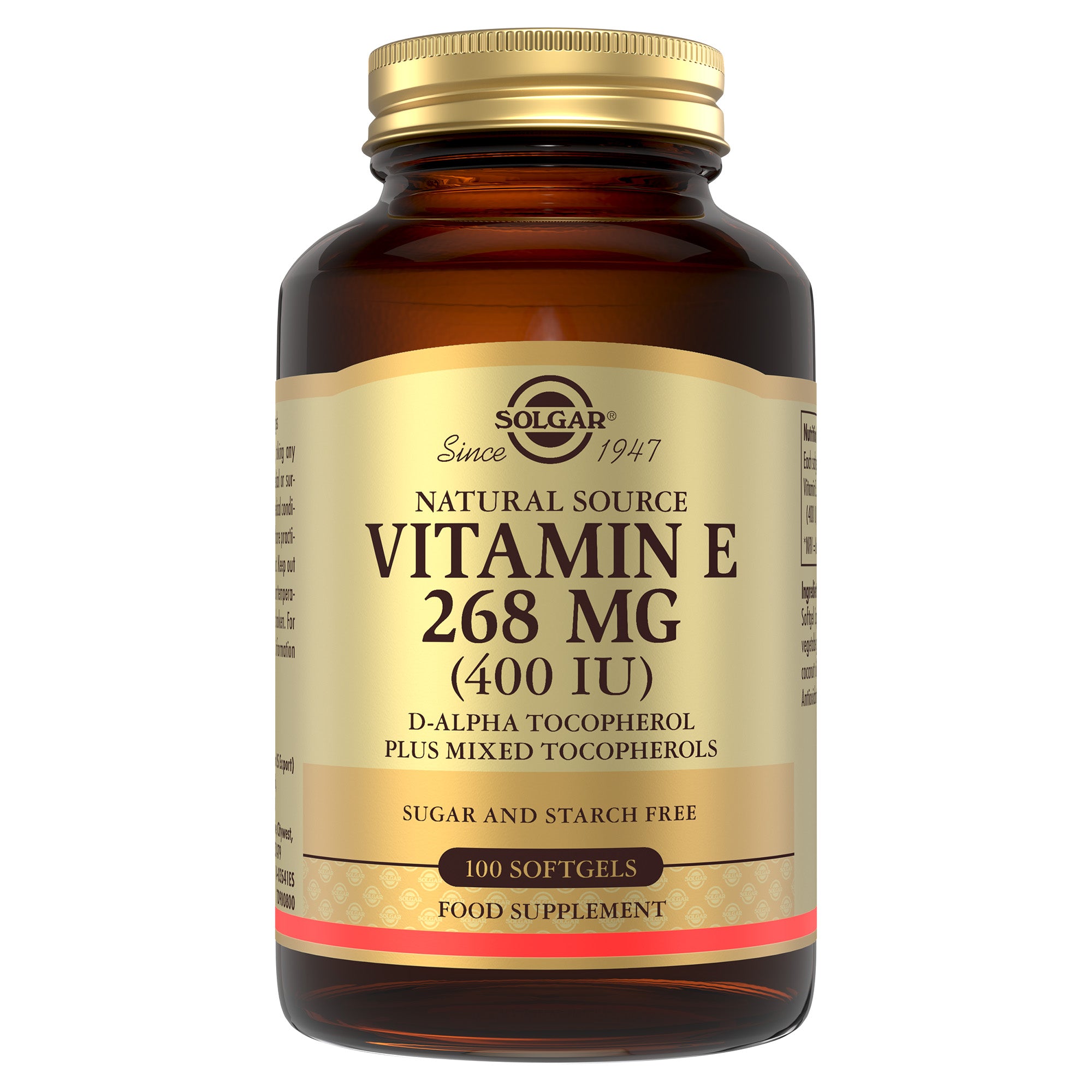 Solgar Vitamin E supplement glass bottle with gold lid
