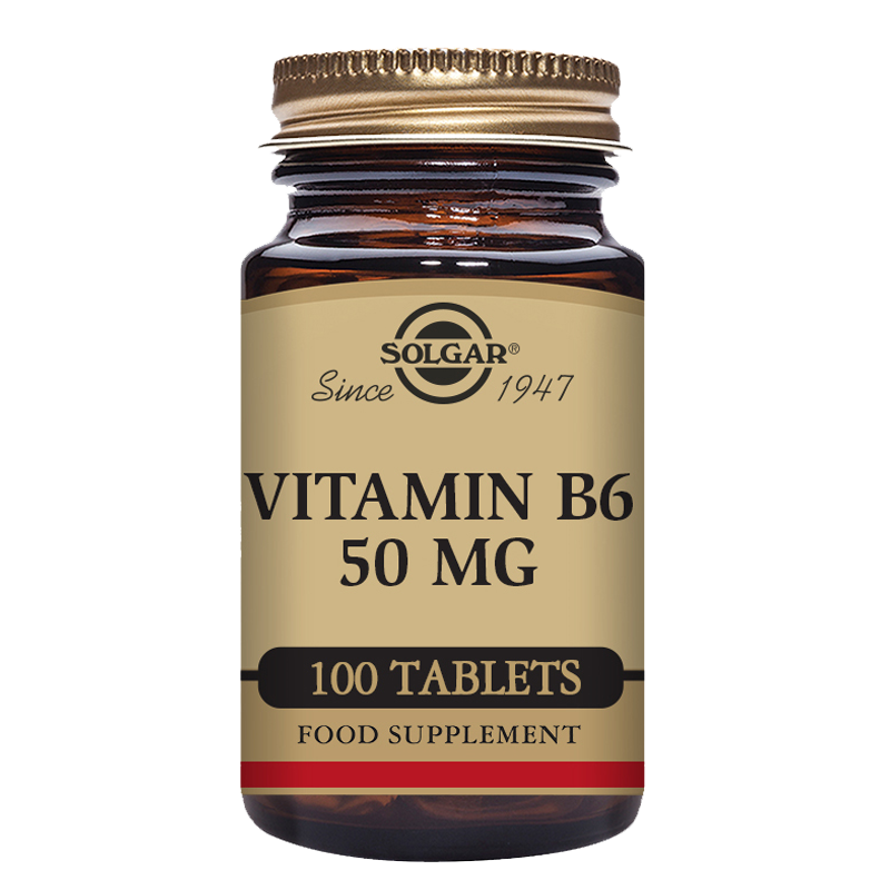 A glass bottle of Solgar Vitamin B6 50 mg Tablets containing 100 tablets with a gold lid