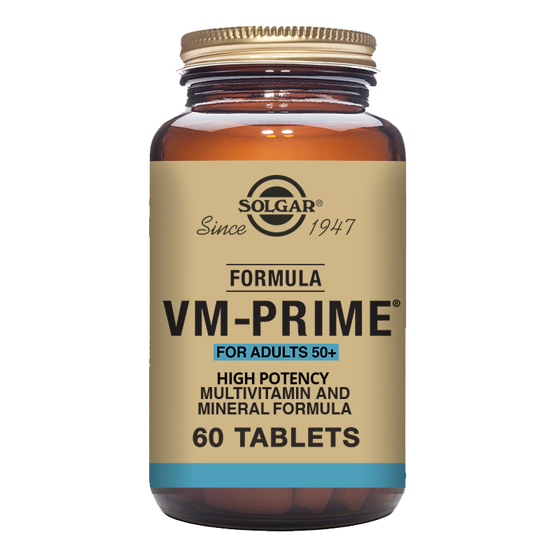 Solgar VM-PRIME multivitamin tablets in a glass bottle with a gold lid