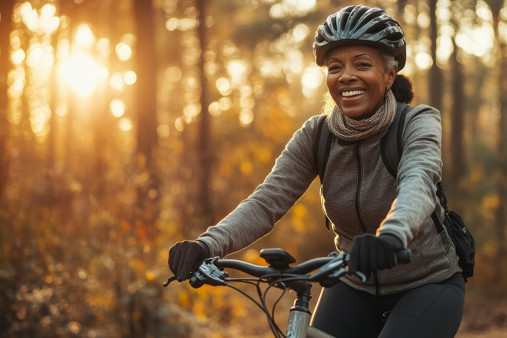 Smiling woman on a bike wearing a helmet in the forest