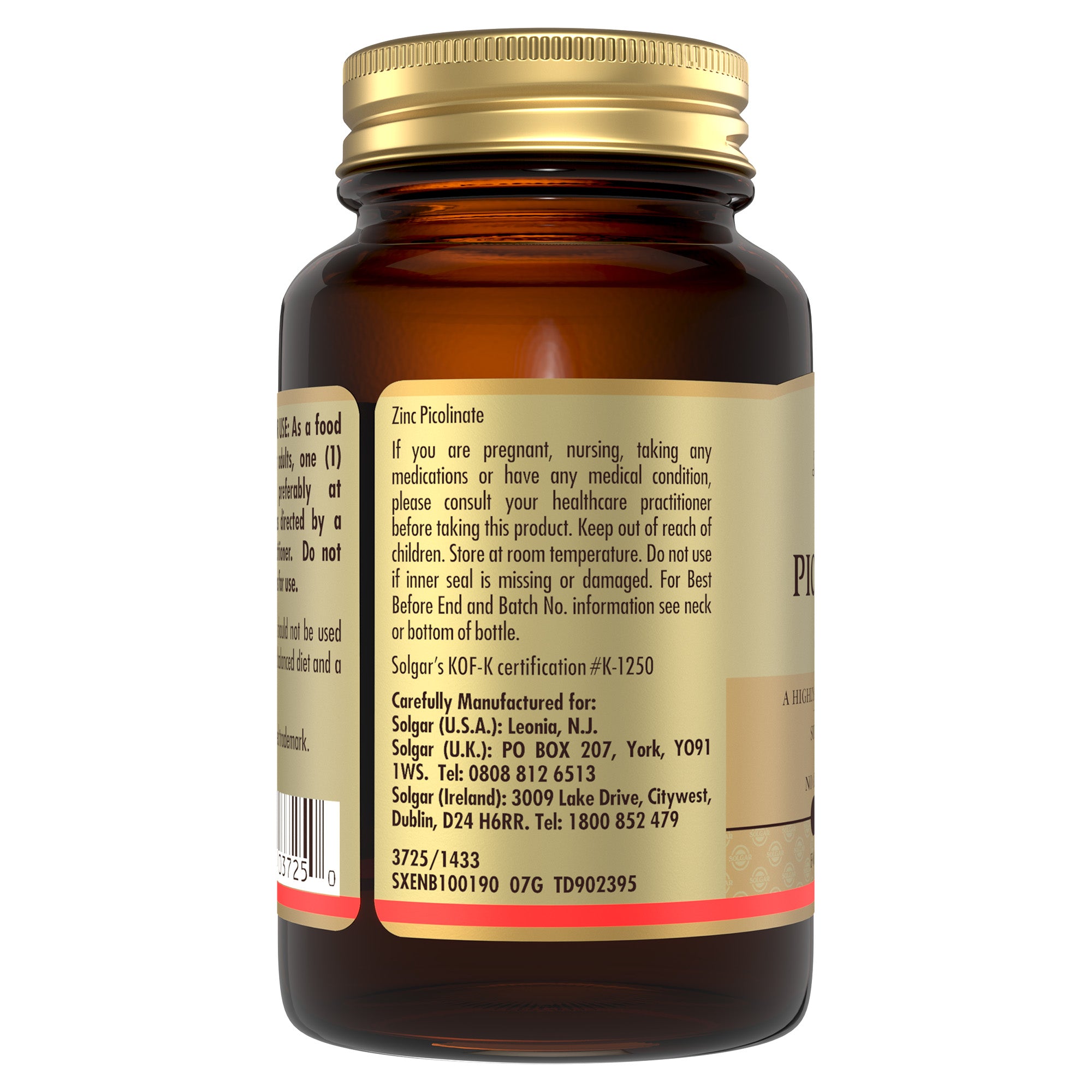 Side view of Solgar Zinc Picolinate capsules containing product information
