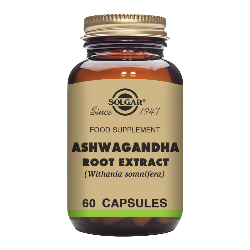 Solgar Ashwagandha Root Extract Vegetable Capsules in a glass bottle with a gold lid