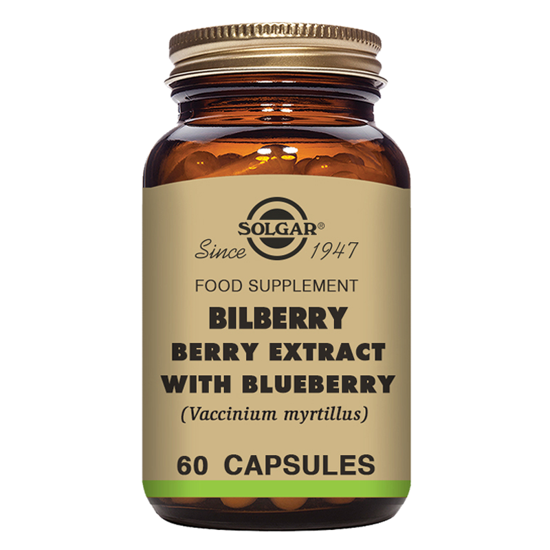 A glass bottle of Solgar Bilberry Berry Extract with Blueberry Vegetable Capsules containing 60 capsules