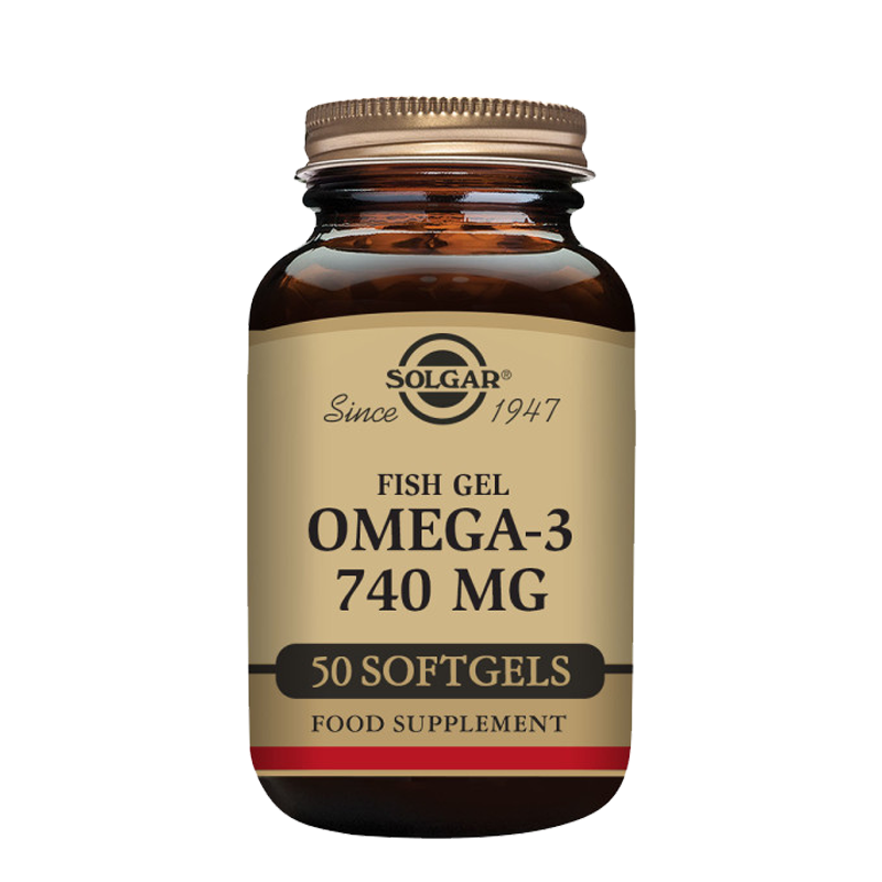 Solgar Fish Gel Omega-3 740 mg Softgels in a glass jar with a gold lid