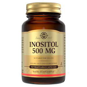 Solgar Inositol 500 MG supplement glass bottle with a gold lid