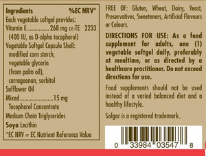 Ingredients label for a bottle of Solgar Natural Source Vitamin E 268mg softgels