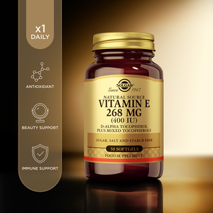Front view of a bottle of Solgar Natural Source Vitamin E 268mg softgels