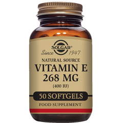 Solgar Natural Source Vitamin E 268mg softgels in a glass bottle with a gold lid