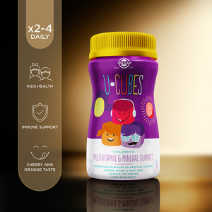 Solgar U-Cubes Children's Multi-Vitamin and Mineral Gummies with product information alongside