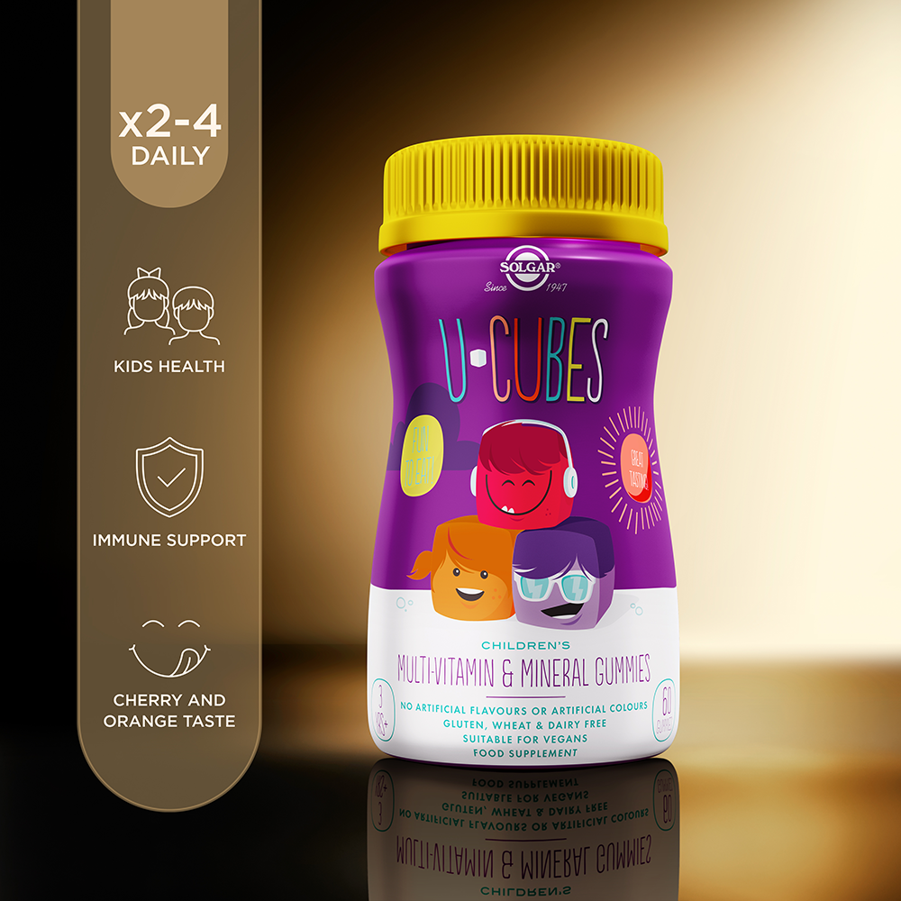 Solgar U-Cubes Children's Multi-Vitamin and Mineral Gummies with product information alongside
