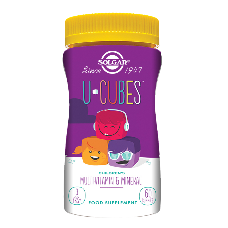 Solgar U-Cubes Children's Multi-Vitamin and Mineral Gummies in a purple plastic bottle