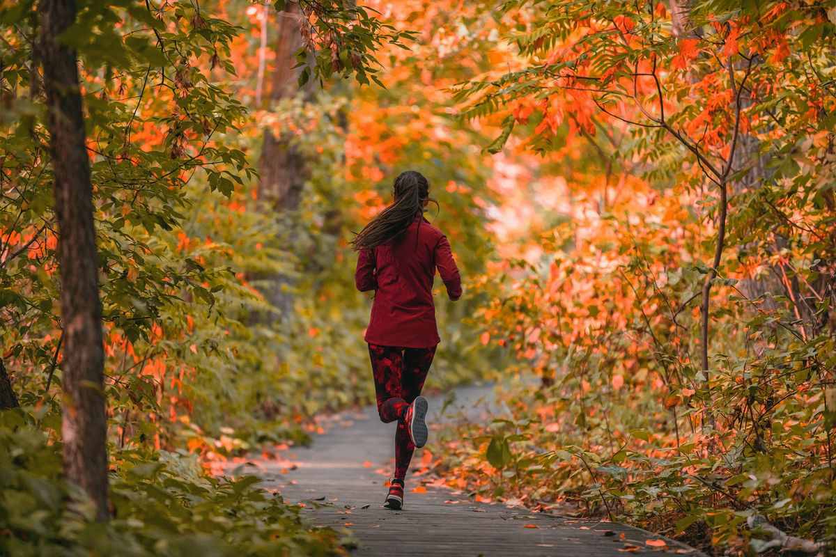 Woman running through an autumnal path with orange leaves on the trees.
