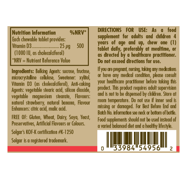 Vitamin D3 1000 IU (25 mcg) Chewable Tablets - Pack of 100