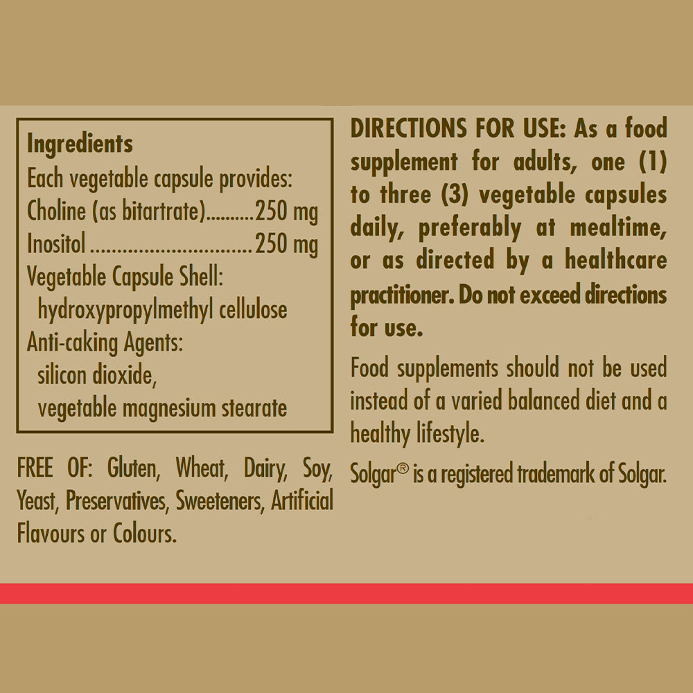 Ingredients label for a Solgar Choline/Inositol 250/250 mg vegetable capsule bottle