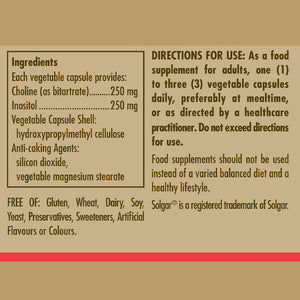 Ingredients label for a Solgar Choline/Inositol 250/250 mg vegetable capsule bottle