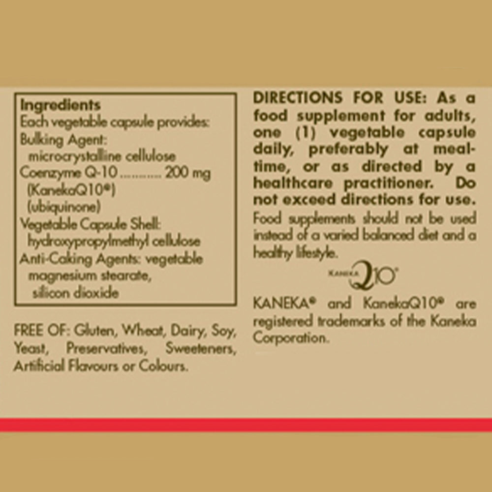 Ingredients label for Solgar CoQ-10 (Coenzyme Q-10) 200 mg Vegetable Capsules