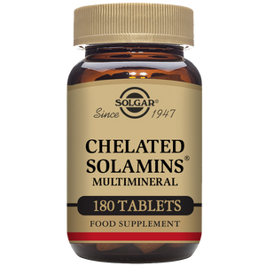 A glass bottle of 180 Solgar Chelated Solamins Multimineral Tablets with a gold lid