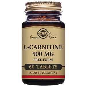 A glass bottle of Solgar L-Carnitine 500 mg Tablets with 60 tablets