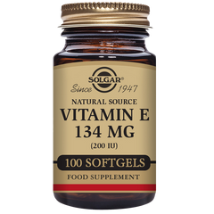 A glass bottle of 100 Solgar Vitamin E 134 mg (200 IU) softgels with a gold lid