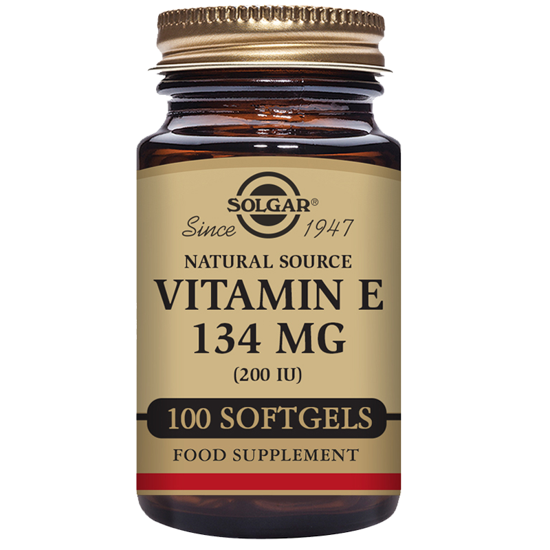 A glass bottle of 100 Solgar Vitamin E 134 mg (200 IU) softgels with a gold lid