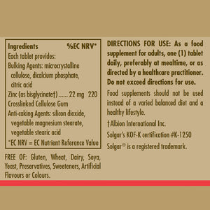 Ingredients and directions for use label for a Solgar Chelated Zinc Tablet bottle