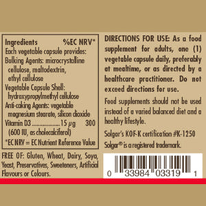 Ingredients list for Solgar Vitamin D3 600iu capsules