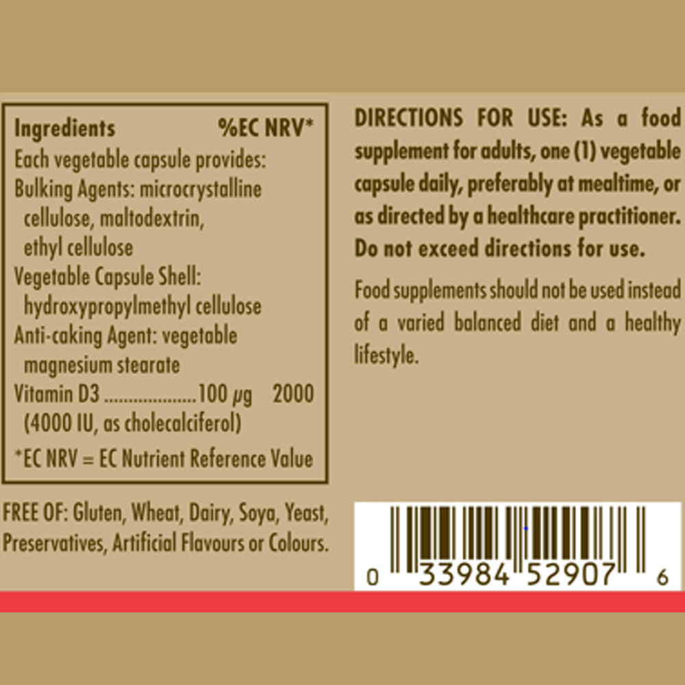 Vitamin D3 (Cholecalciferol) 4000 IU (100 mcg) Vegetable Capsules