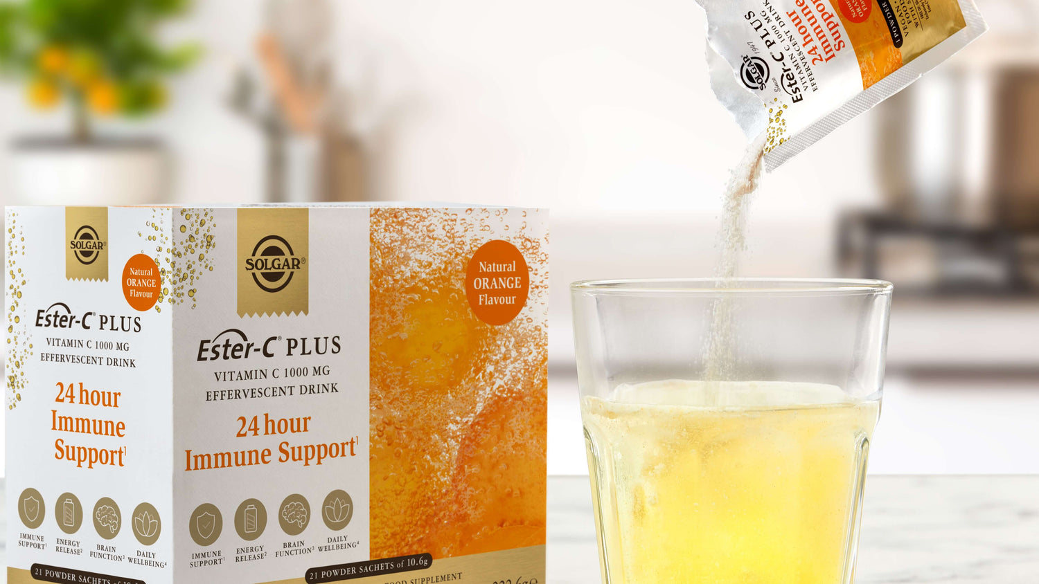 Solgar Ester-C Plus Powder in a glass of water with orange flavour