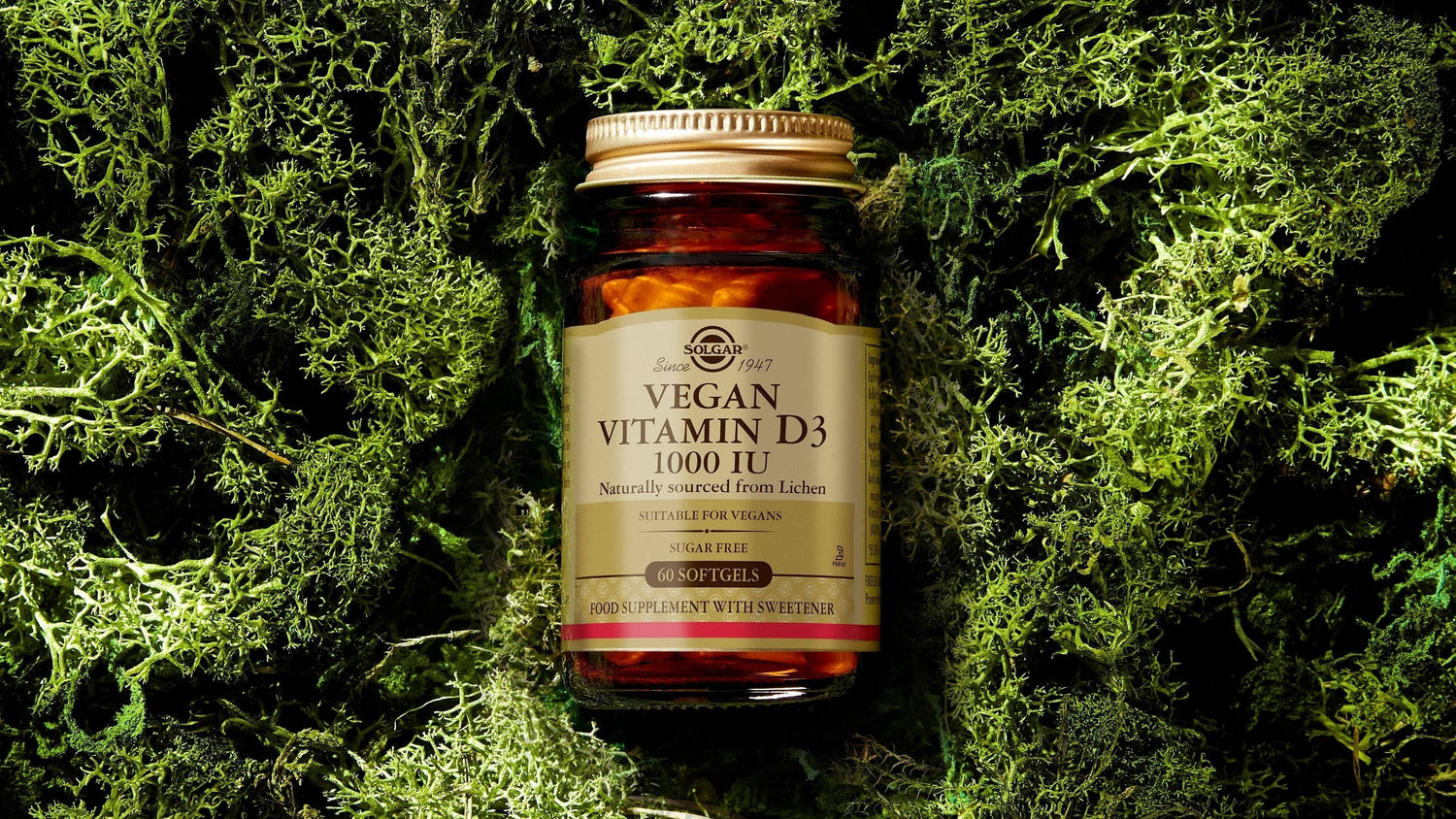 Solgar Vegan Vitamin D3 against a natural grass background 