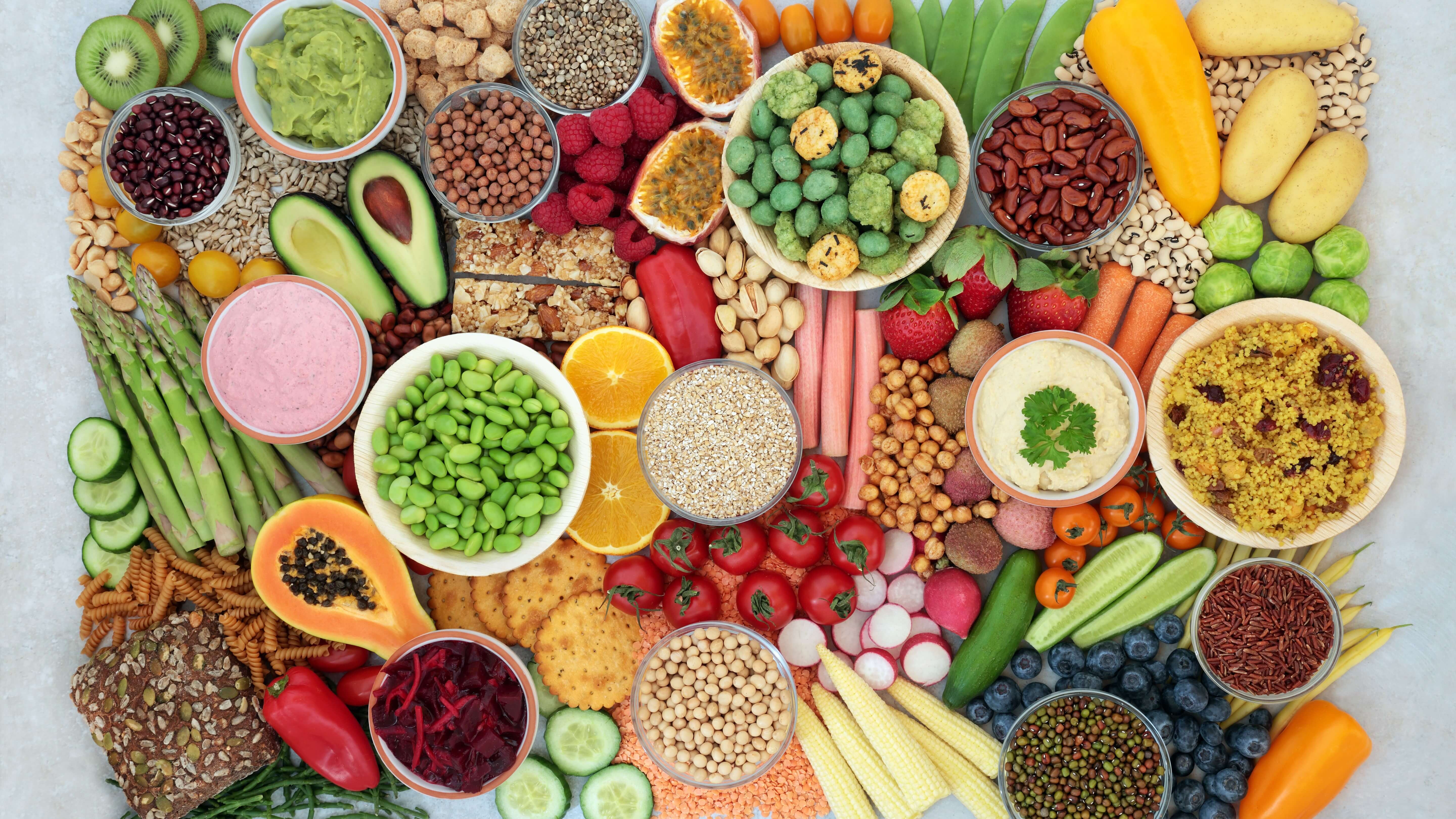 Selection of vegan foods for a vegan diet