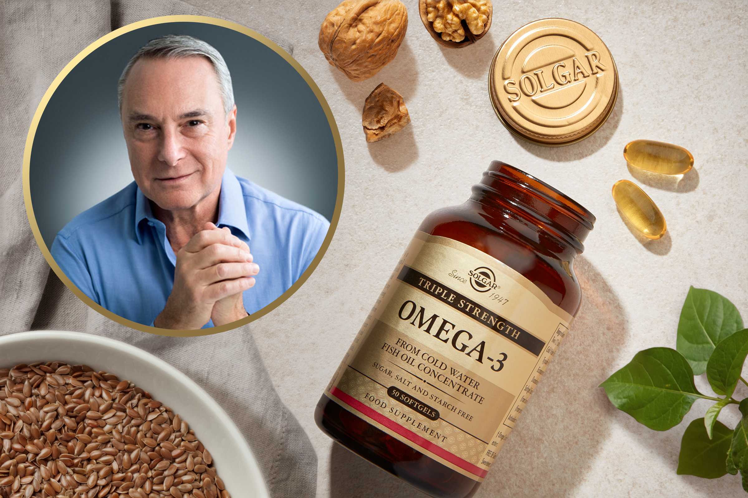 Solgar Omega-3 supplement on a table with an image of Ian Marber