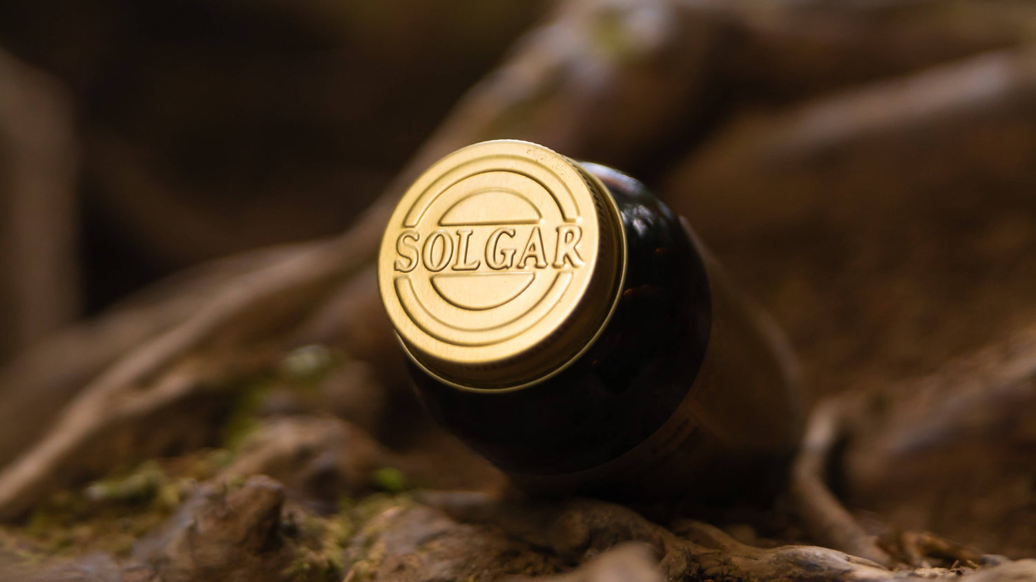 Solgar Vegan Jar with tablets against a wooden tree background