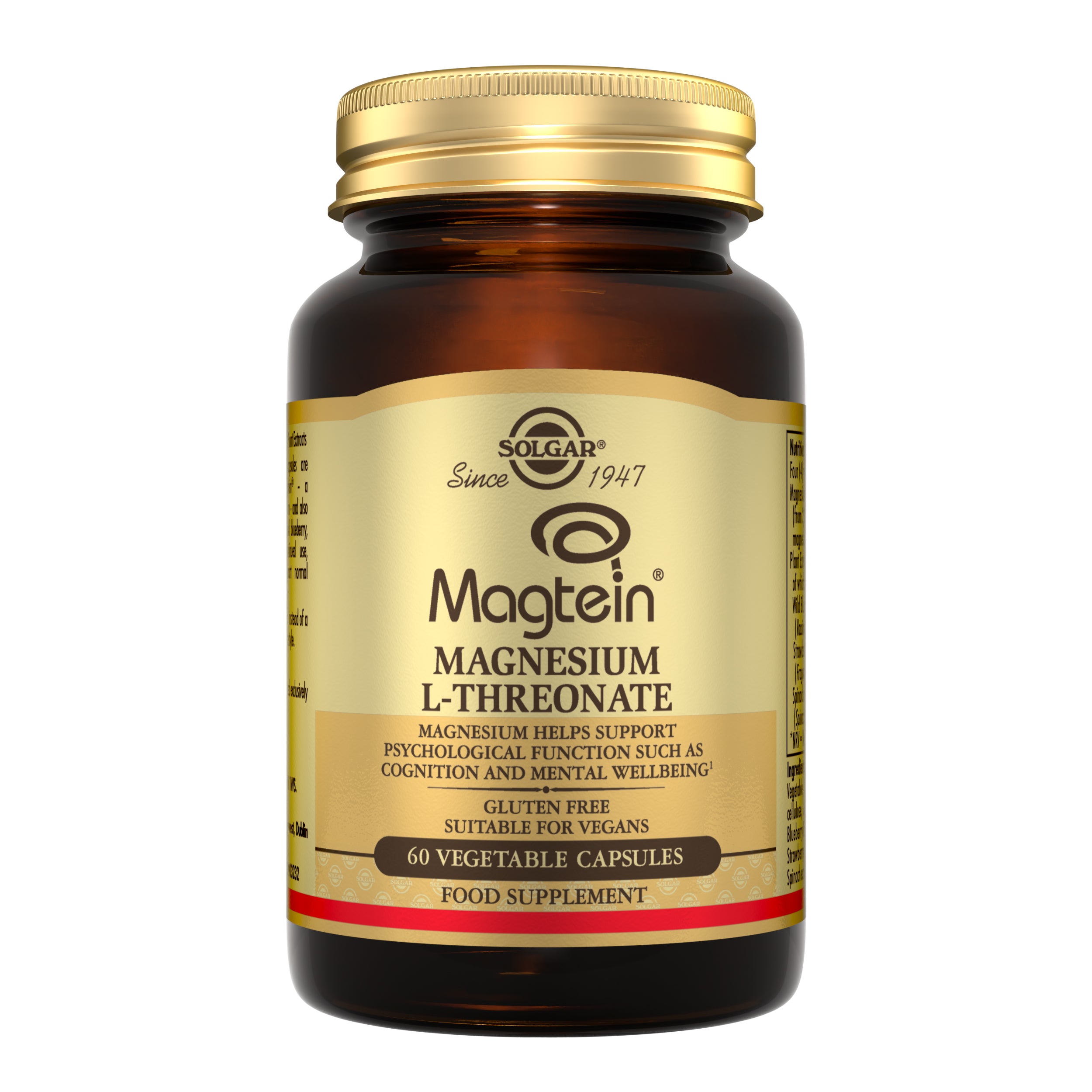 A glass bottle of Solgar Magtein Magnesium L-Threonate food supplement with a gold lid