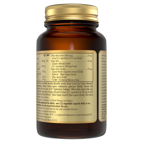 Side view of a Solgar 7 Joint Support Vegetable Capsule bottle containing product information
