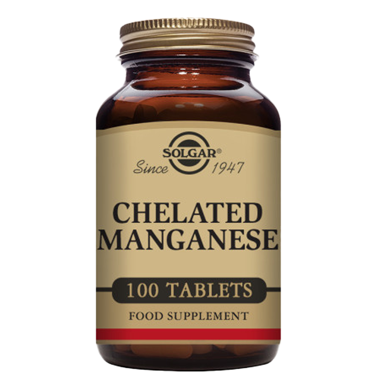 A glass bottle of Solgar Chelated Manganese Tablets with a gold lid 