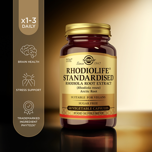 Solgar Rhodiola Root Extract vegetable capsules in a glass bottle with some product information beside it