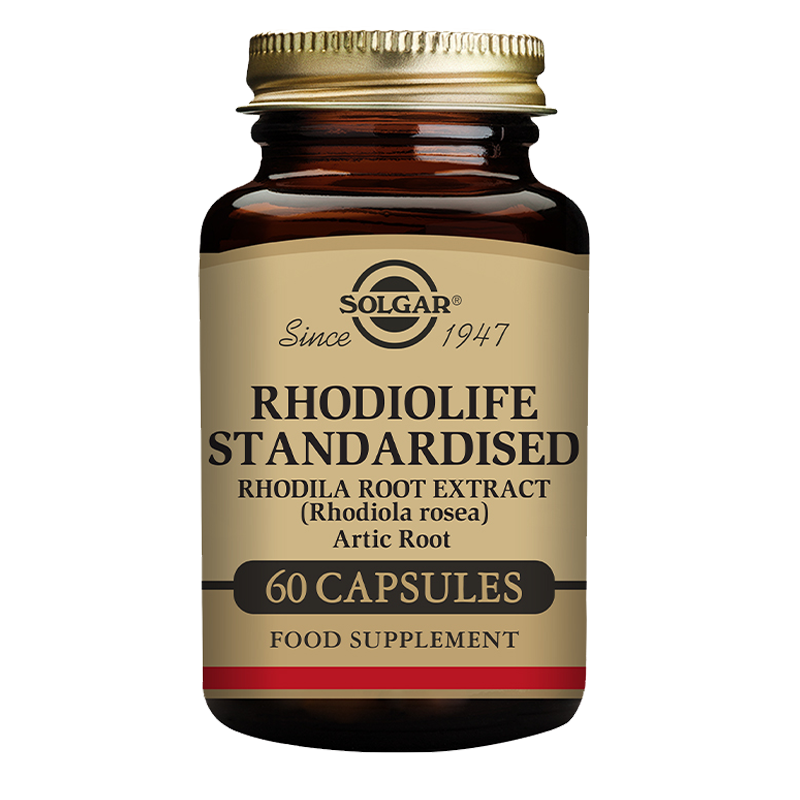 Solgar Rhodiola Root Extract vegetable capsules in a glass bottle with a gold lid