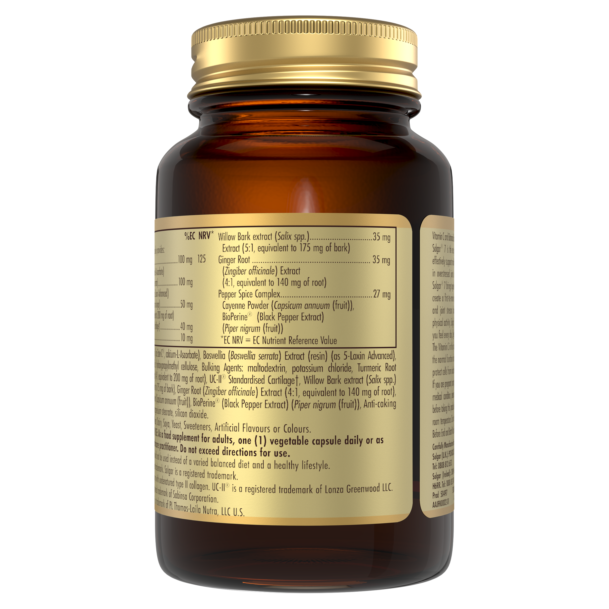 Side view of a Solgar 7 Joint Support Vegetable Capsule bottle containing product information