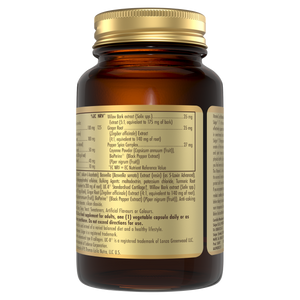 Side view of a Solgar 7 Joint Support Vegetable Capsule bottle containing product information