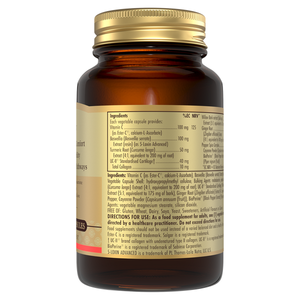 Back view of a Solgar 7 Joint Support Vegetable Capsule glass bottle