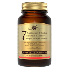 Solgar 7 Joint Support Vegetable Capsules in a glass bottle with a gold lid