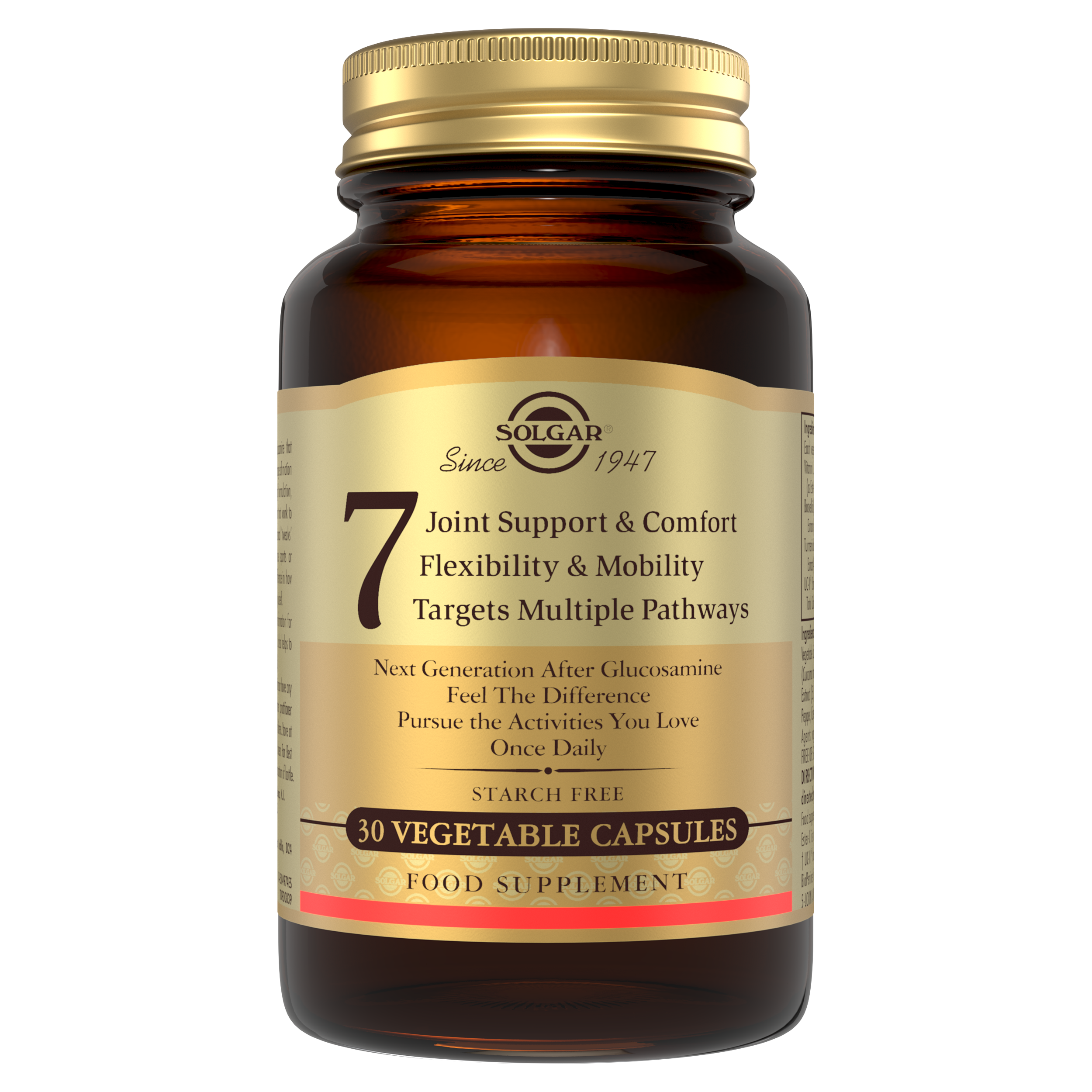 Solgar 7 Joint Support Vegetable Capsules in a glass bottle with a gold lid