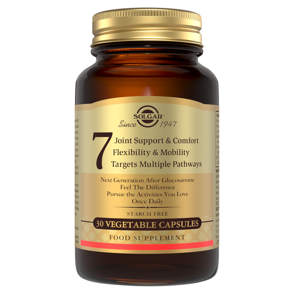 Solgar 7 Joint Support Vegetable Capsules in a glass bottle with a gold lid