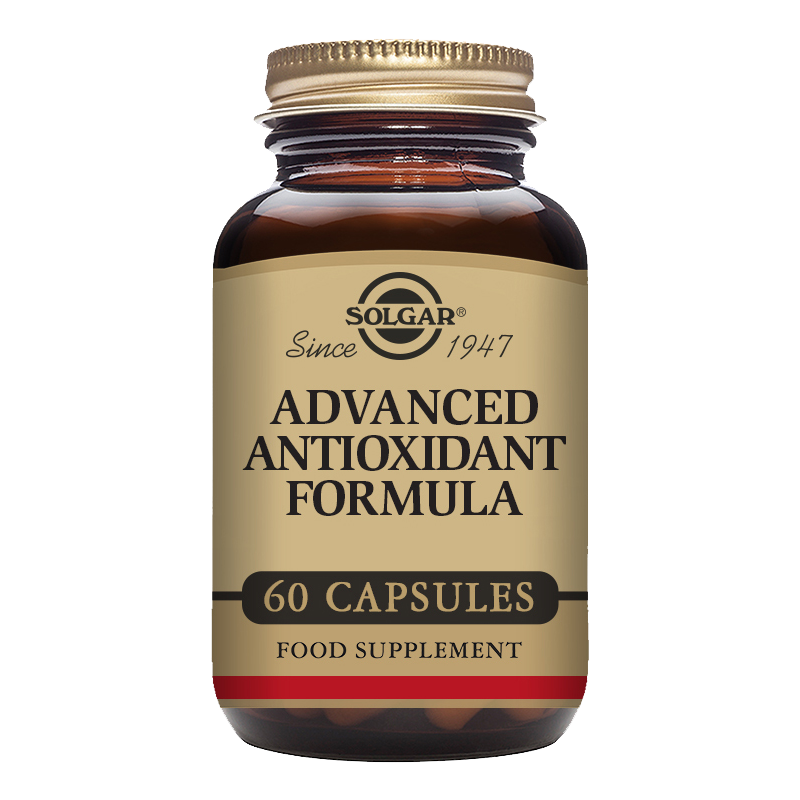 Solgar Advanced Antioxidant Formula vegetable capsules in a glass bottle with a gold lid