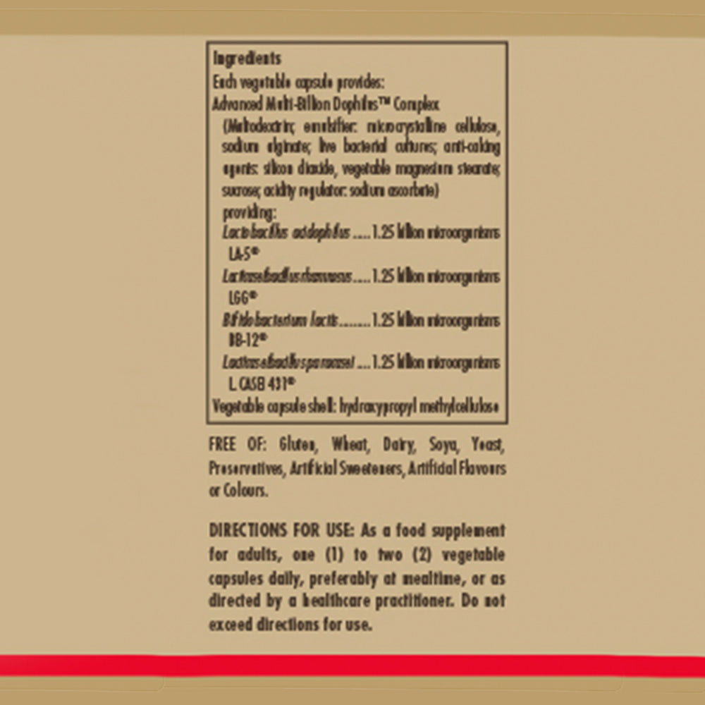 Ingredients and product information label for a Solgar Advanced Multi-Billion Dophilus Vegetable Capsule bottle