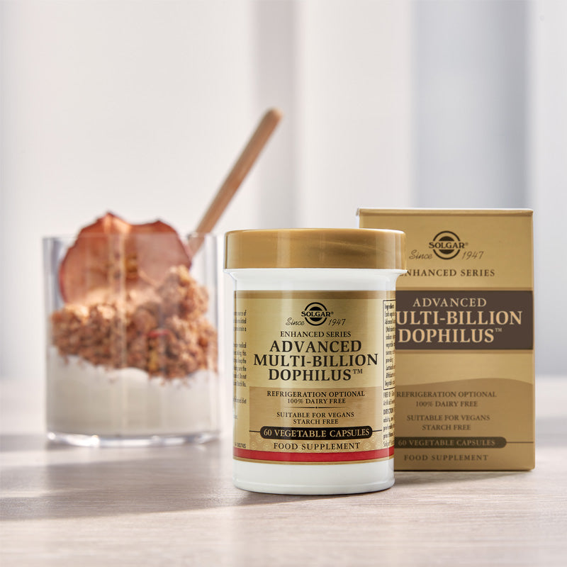 Solgar Advanced Multi-Billion Dophilus Vegetable Capsules on a table 