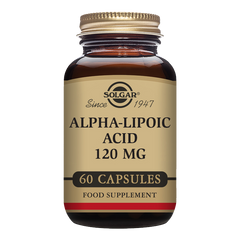 A glass bottle of Solgar Alpha-Lipoic Acid 120 mg vegetable capsules containing 60 capsules