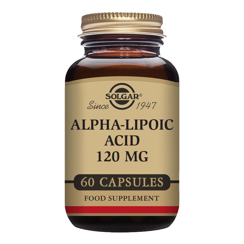 A glass bottle of Solgar Alpha-Lipoic Acid 120 mg vegetable capsules containing 60 capsules